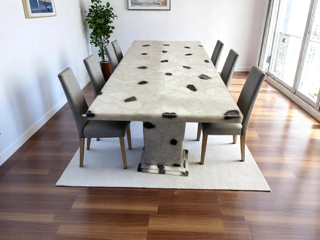 White Quartz Agate Dining Table Top Handmade Luxury Furniture